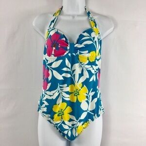 𝅺tommy Hilfiger Tropical Floral Halter Style One-Piece Swimsuit Size Large